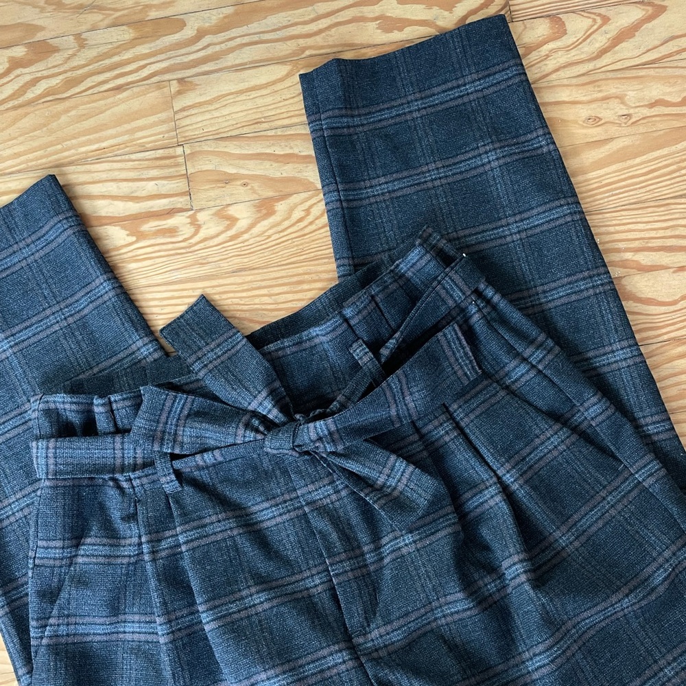 high waisted paper bag plaid dress pants w/ belt